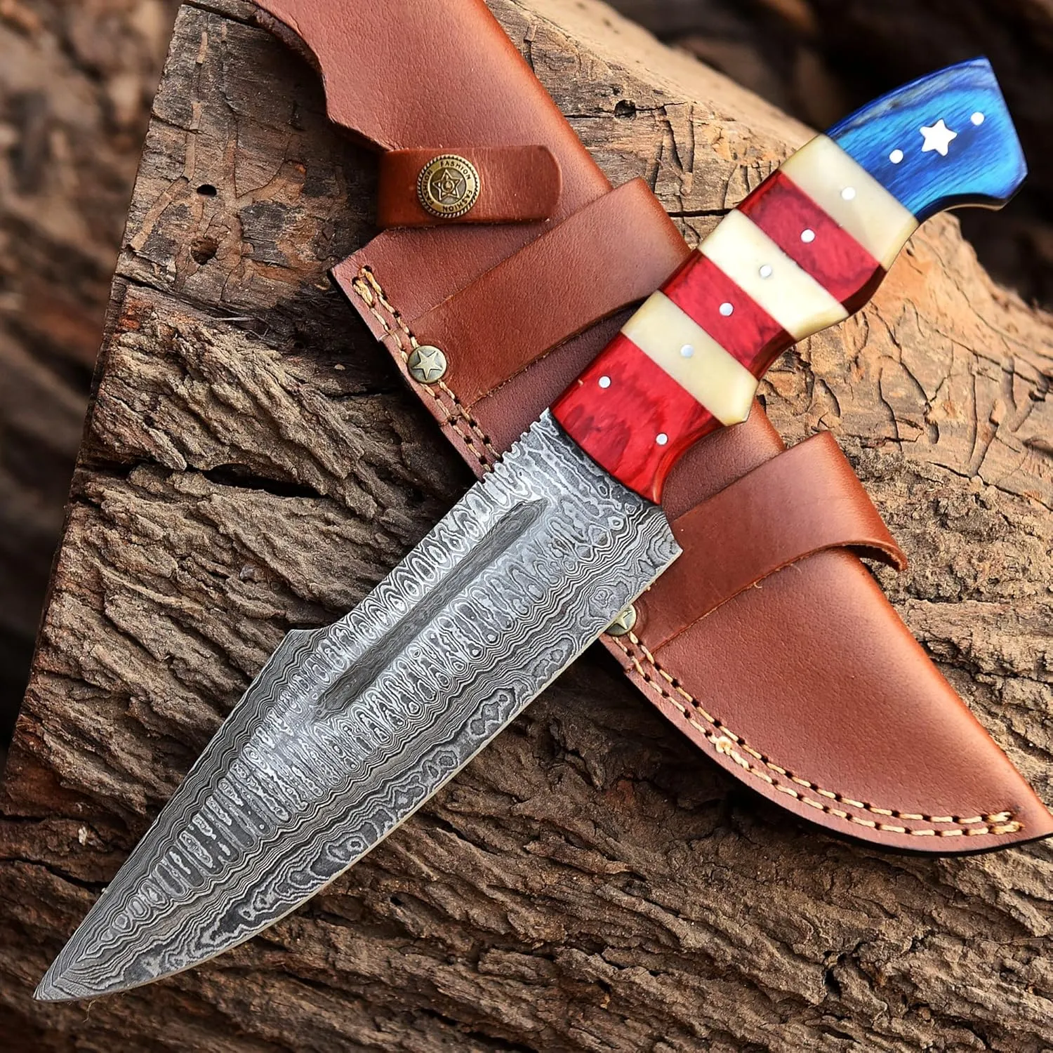 Damascus Steel Fixed Blade Bowie Hunting Knife With Horizontal and Scout Carry Leather Sheath -12 Inch Full Tang Tactical Survival Bushcraft Knives for Men - American USA TX Flag Handle Knife for Camping