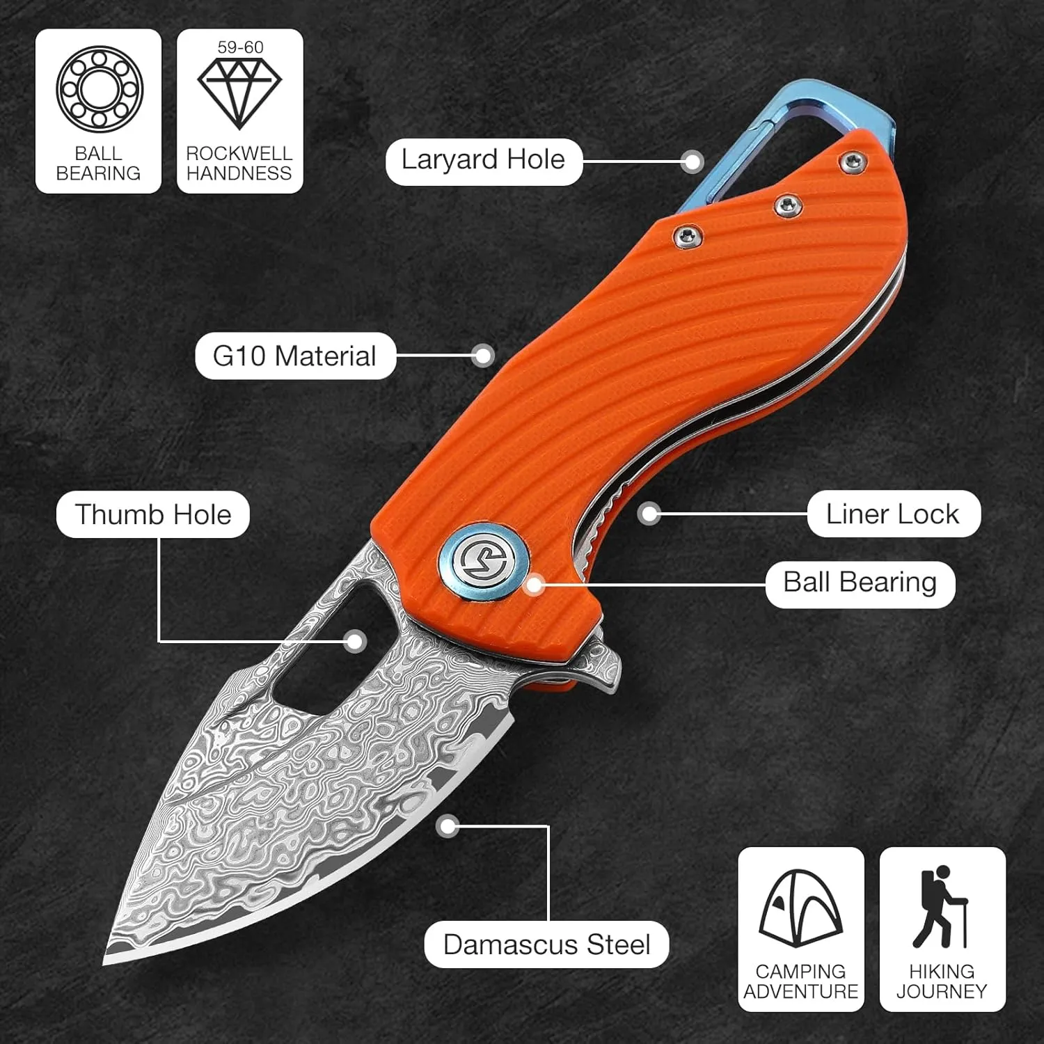 Damascus Steel Folding Pocket Knife G10 Handle Small Mini EDC Knife with Pocket Clip, Buckle, Suitable for Men Tactics, Sharp Camping Survival Hiking Knife