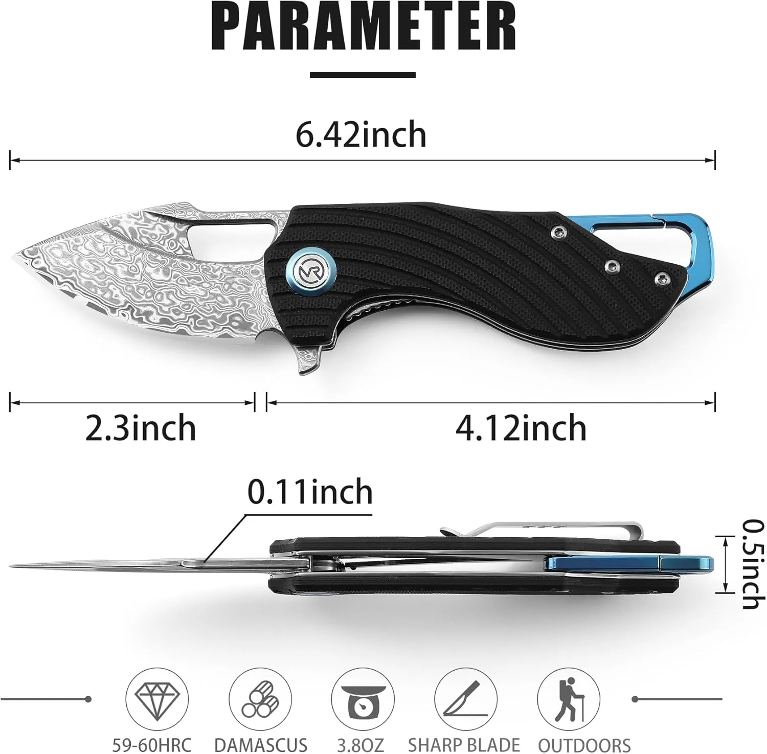 Damascus Steel Folding Pocket Knife G10 Handle Small Mini EDC Knife with Pocket Clip, Buckle, Suitable for Men Tactics, Sharp Camping Survival Hiking Knife