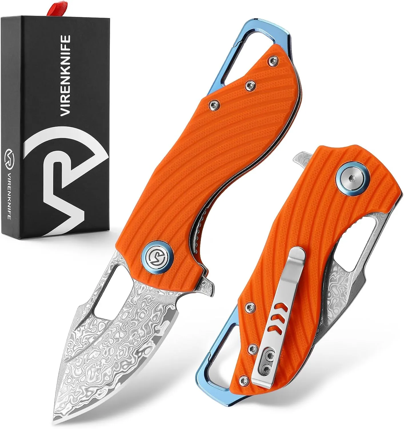Damascus Steel Folding Pocket Knife G10 Handle Small Mini EDC Knife with Pocket Clip, Buckle, Suitable for Men Tactics, Sharp Camping Survival Hiking Knife