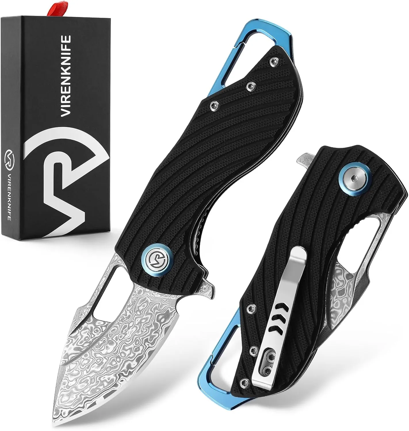 Damascus Steel Folding Pocket Knife G10 Handle Small Mini EDC Knife with Pocket Clip, Buckle, Suitable for Men Tactics, Sharp Camping Survival Hiking Knife