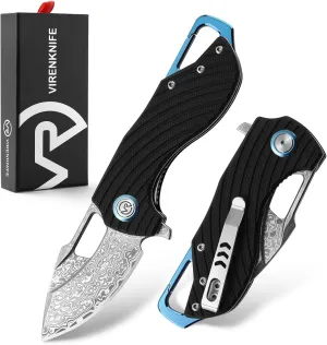 Damascus Steel Folding Pocket Knife G10 Handle Small Mini EDC Knife with Pocket Clip, Buckle, Suitable for Men Tactics, Sharp Camping Survival Hiking Knife