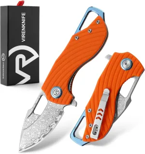 Damascus Steel Folding Pocket Knife G10 Handle Small Mini EDC Knife with Pocket Clip, Buckle, Suitable for Men Tactics, Sharp Camping Survival Hiking Knife