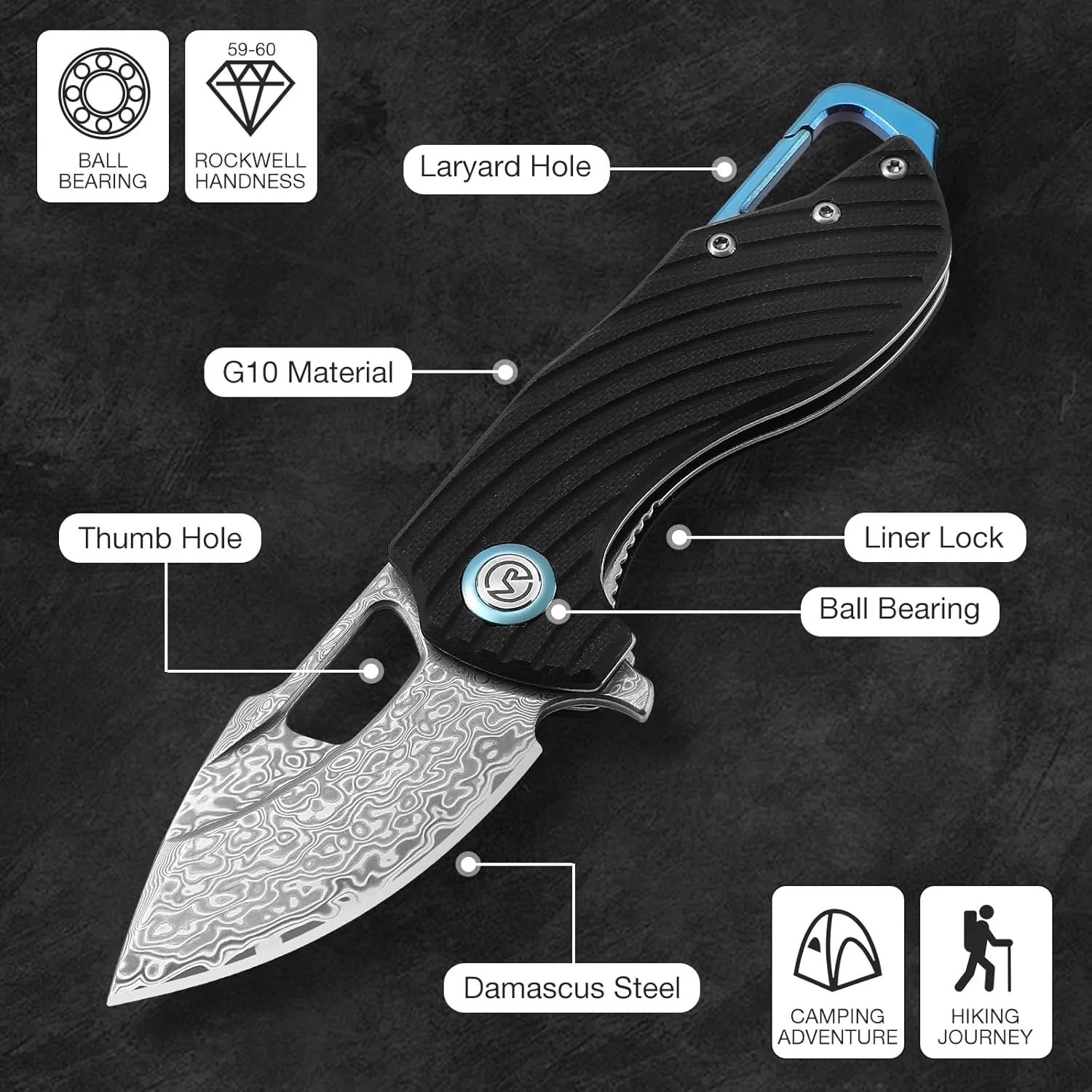 Damascus Steel Folding Pocket Knife G10 Handle Small Mini EDC Knife with Pocket Clip, Buckle, Suitable for Men Tactics, Sharp Camping Survival Hiking Knife