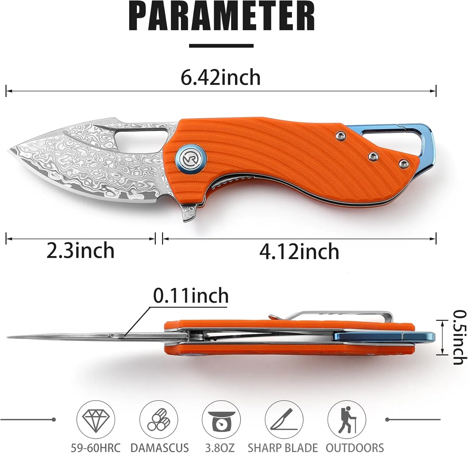 Damascus Steel Folding Pocket Knife G10 Handle Small Mini EDC Knife with Pocket Clip, Buckle, Suitable for Men Tactics, Sharp Camping Survival Hiking Knife