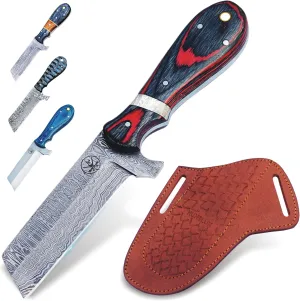Damascus Steel Hunting Knife with Sheath for Belt, Handmade 8" Sharp Bull Cutter Knife, EDC Fixed Blade Knife, Full Tang Cowboy Knife with Wooden Handle, Skinning Knife for Outdoor Camping