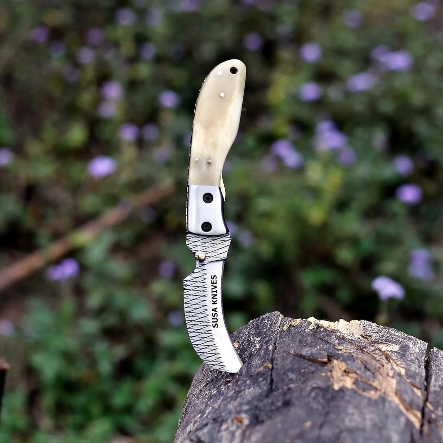 Damascus Steel Hwakbill Pocket Folding Knife rasp steel Pocket Knives for Outdoor, Camping, Hiking Inner Lock Blade EDC knife pancake leather sheath (RASP BONE)