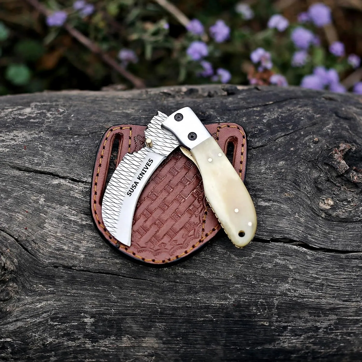 Damascus Steel Hwakbill Pocket Folding Knife rasp steel Pocket Knives for Outdoor, Camping, Hiking Inner Lock Blade EDC knife pancake leather sheath (RASP BONE)