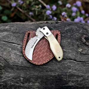 Damascus Steel Hwakbill Pocket Folding Knife rasp steel Pocket Knives for Outdoor, Camping, Hiking Inner Lock Blade EDC knife pancake leather sheath (RASP BONE)