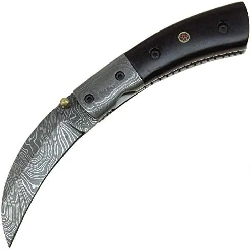 Damascus Steel Karambit Folding Knife Hardwood Handle Liner Blade Lock