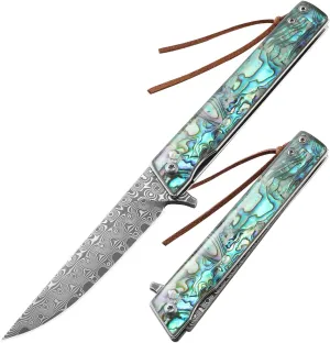 Damascus Steel Pocket Knife, Abalone Handle, Damascus Knife with for Men, Great As Father's Valentine's Day Christmas Day Gift (C-ONLY A KNIFE)