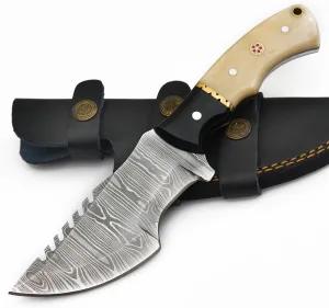 Damascus Tracker Knife Fixed Blade Hunting Knife with Sheath EDC Scout Carry Knife with Horn and Bone Handle