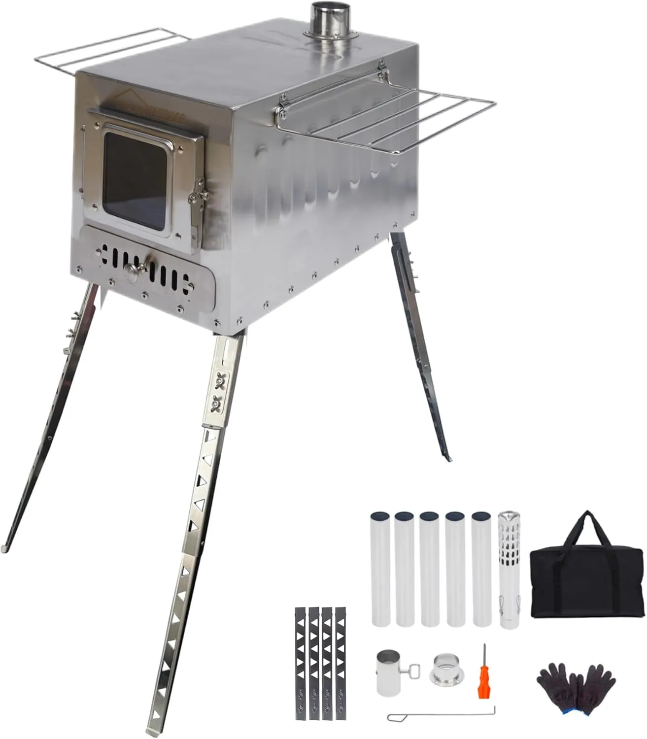 DANCHEL OUTDOOR CS6 Large Tent Stove with 19'' Lengthen Legs 1665 Cubic Inch Firebox, Portable Wood Stove with Section Pipes 304 Stainless Steel for Canvas Wall Tent Family Camping Cooking, 24lbs