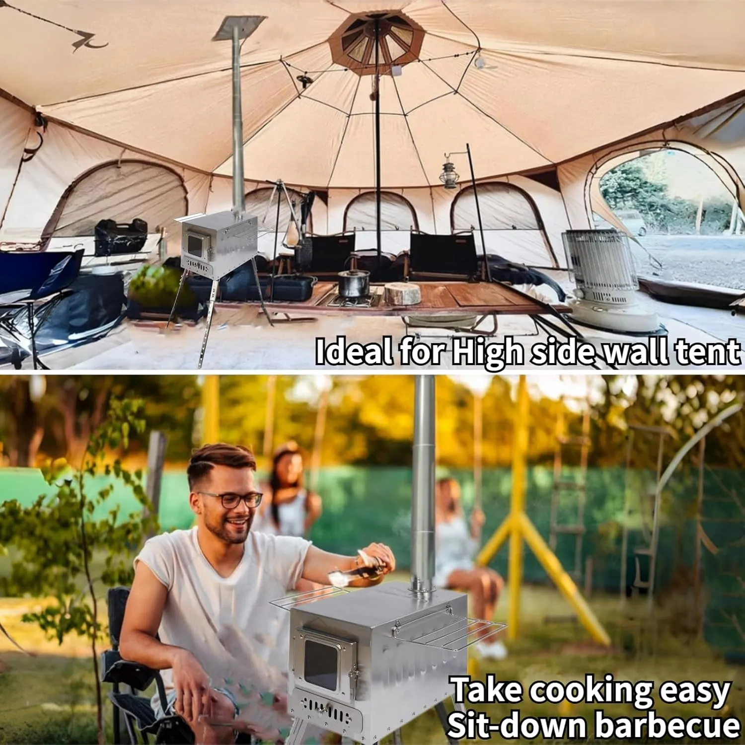 DANCHEL OUTDOOR CS6 Large Tent Stove with 19'' Lengthen Legs 1665 Cubic Inch Firebox, Portable Wood Stove with Section Pipes 304 Stainless Steel for Canvas Wall Tent Family Camping Cooking, 24lbs