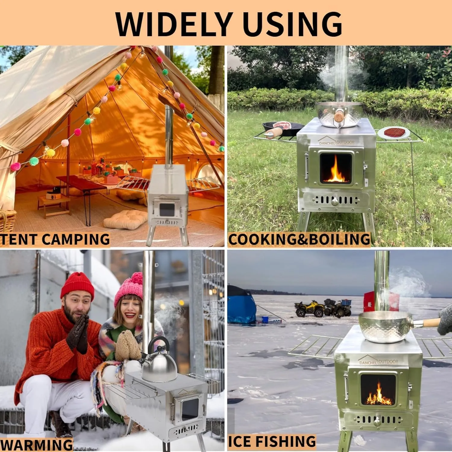 DANCHEL OUTDOOR CS6 Large Tent Stove with 19'' Lengthen Legs 1665 Cubic Inch Firebox, Portable Wood Stove with Section Pipes 304 Stainless Steel for Canvas Wall Tent Family Camping Cooking, 24lbs