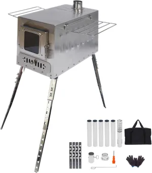 DANCHEL OUTDOOR CS6 Large Tent Stove with 19'' Lengthen Legs 1665 Cubic Inch Firebox, Portable Wood Stove with Section Pipes 304 Stainless Steel for Canvas Wall Tent Family Camping Cooking, 24lbs