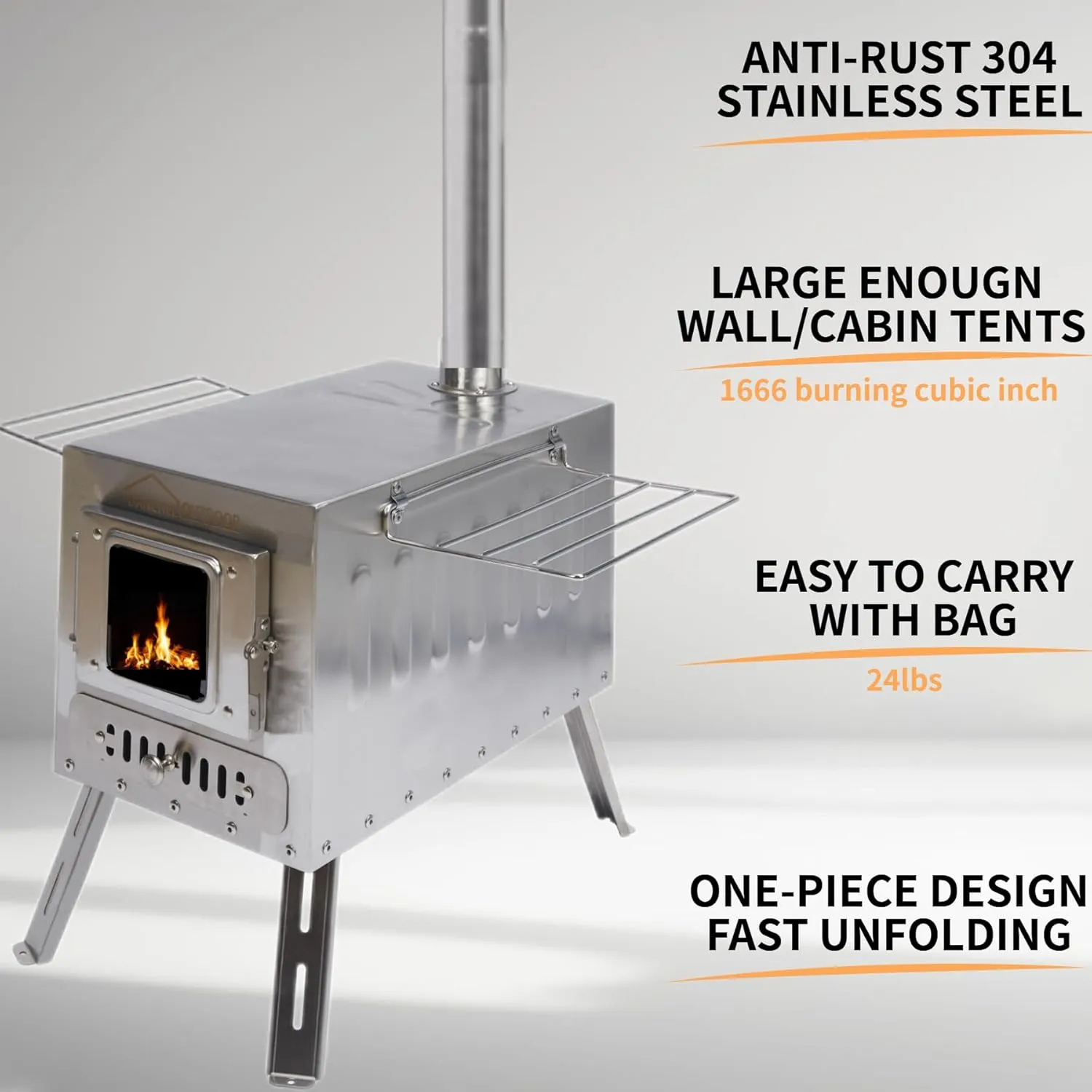 DANCHEL OUTDOOR CS6 Large Tent Stove with 19'' Lengthen Legs 1665 Cubic Inch Firebox, Portable Wood Stove with Section Pipes 304 Stainless Steel for Canvas Wall Tent Family Camping Cooking, 24lbs