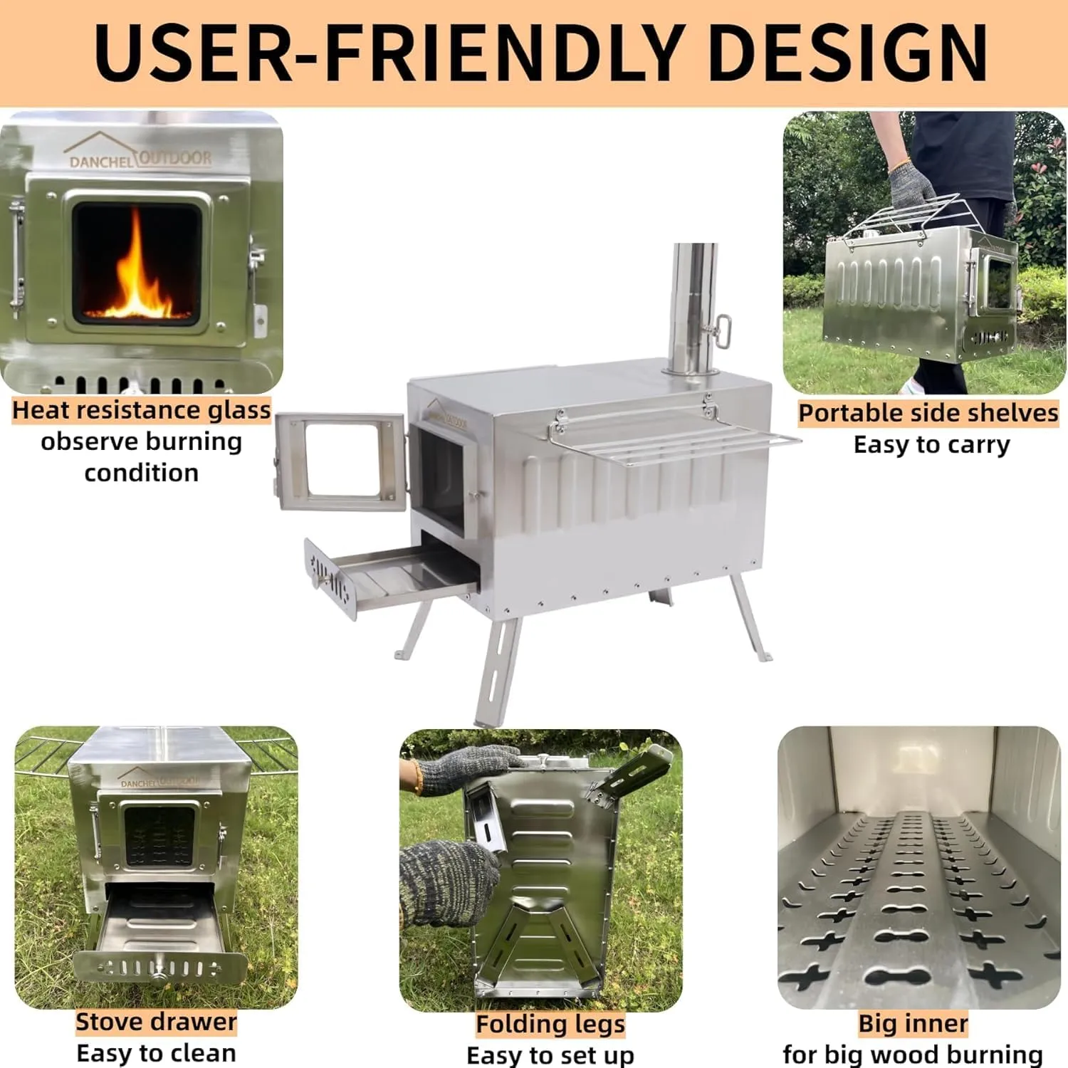 DANCHEL OUTDOOR CS6 Large Tent Stove with 19'' Lengthen Legs 1665 Cubic Inch Firebox, Portable Wood Stove with Section Pipes 304 Stainless Steel for Canvas Wall Tent Family Camping Cooking, 24lbs
