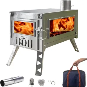 DANCHEL OUTDOOR HS6 Portable Tent Stove with Side Glass Secondary Combustion 304 Stainless Steel Hot Tent Stove with 9.8ft/3m Chimney Cooking Hunting