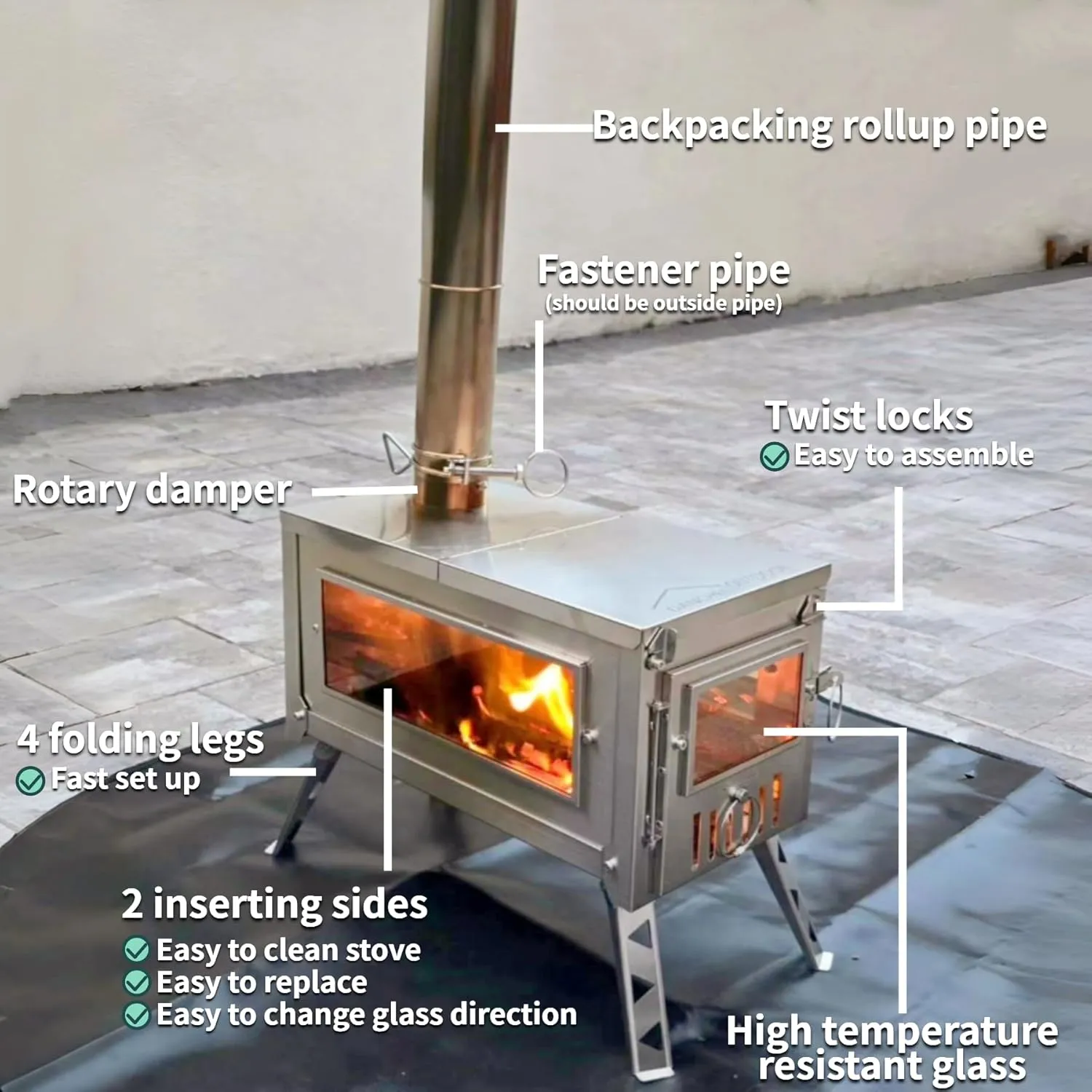 DANCHEL OUTDOOR HS6 Portable Tent Stove with Side Glass Secondary Combustion 304 Stainless Steel Hot Tent Stove with 9.8ft/3m Chimney Cooking Hunting