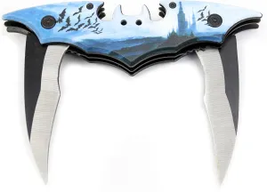 Dark Twin Blade BAT Knife - Double Edge Folding Pocket with clip, 11" Stainless Steel Tactical Two Sharp Cut Spring Assisted Blade (Blue Bats)