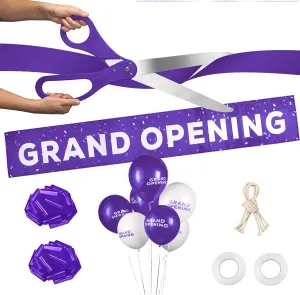 Deluxe Purple Grand Opening Ribbon Cutting Ceremony Kit - 25" Giant Scissors with Purple Satin Ribbon, Banner, Bows, Balloons & More