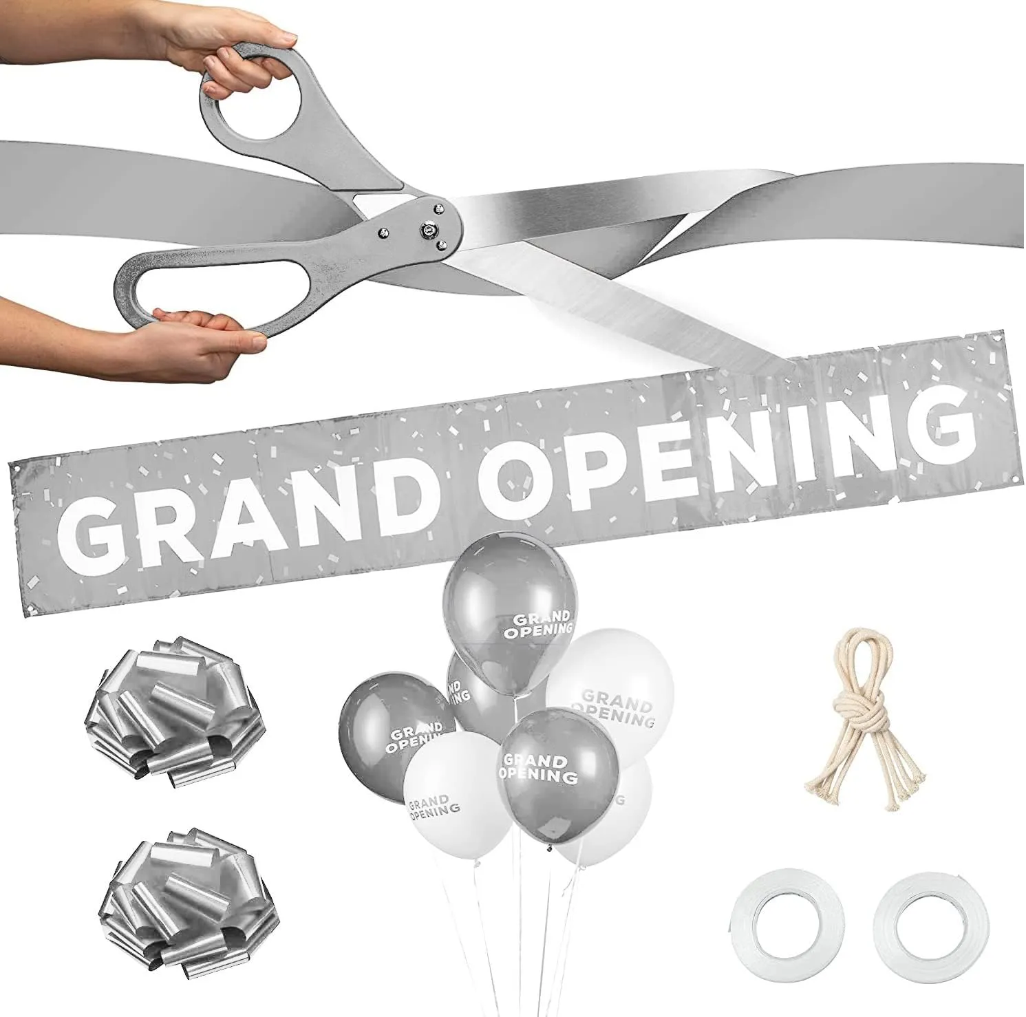 Deluxe Silver Grand Opening Ribbon Cutting Ceremony Kit - 25" Giant Scissors with Silver Satin Ribbon, Banner, Bows, Balloons & More