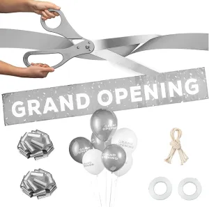 Deluxe Silver Grand Opening Ribbon Cutting Ceremony Kit - 25" Giant Scissors with Silver Satin Ribbon, Banner, Bows, Balloons & More