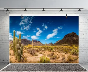 Desert Backdrop Blue Sky White Clouds Sand Dune Cactus Desert Backdrops Rocky Mountains Natural Scenery Background Hiking Camping Western Cowboy Party Background Studio Props 10x8ft