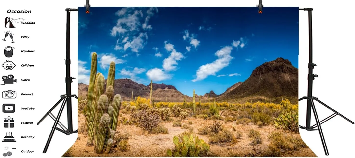 Desert Backdrop Blue Sky White Clouds Sand Dune Cactus Desert Backdrops Rocky Mountains Natural Scenery Background Hiking Camping Western Cowboy Party Background Studio Props 10x8ft