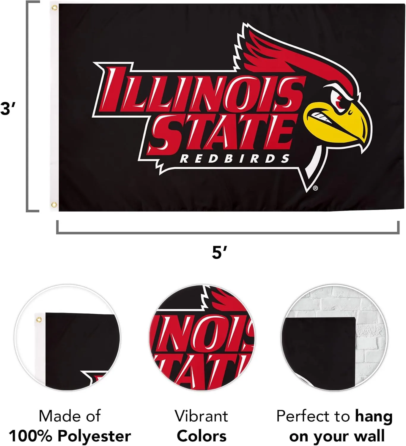 Desert Cactus Illinois State University ISU Flag - 3 x 5 Feet Redbirds Banner, Indoor/Outdoor Durable Fabric, 100% Polyester Design (Style A)