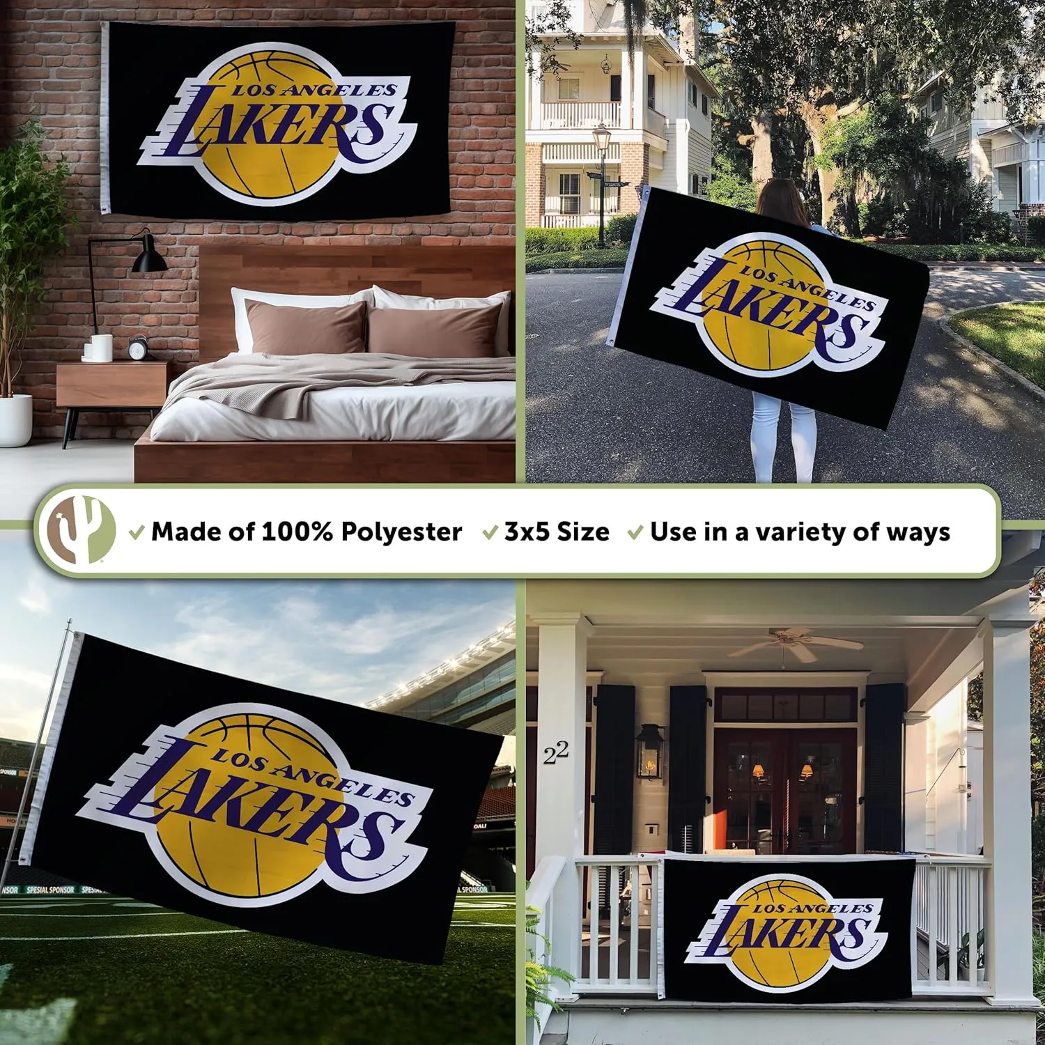 Desert Cactus Los Angeles Lakers Flag LA NBA National Basketball Association 100% Polyester Indoor Outdoor Banner 3x5 feet Basketball Team Merchandise (Flag L)