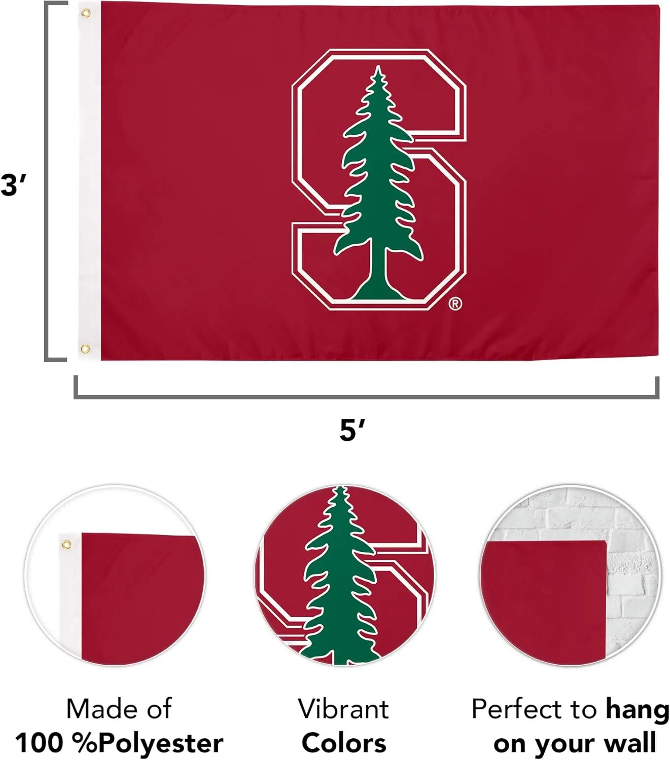 Desert Cactus Stanford University SU Flag - 3 x 5 Feet Cardinal Banner, Indoor/Outdoor Durable Fabric, 100% Polyester Design (Style 1)