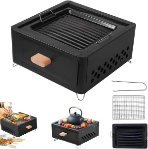 Desktop Charcoal Grill, Portable Table Top Small BBQ Grill, Tea Stove, Multi-Use Small Grill for Outdoor Cooking Camping Hiking Picnics Backpacking, Saving Space Grills, Home Camping Full Set(Black Fr