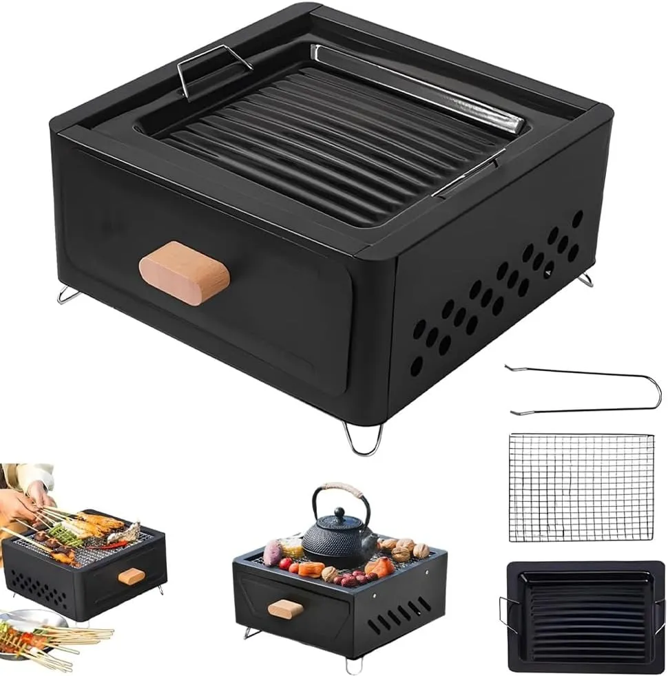 Desktop Charcoal Grill, Portable Table Top Small BBQ Grill, Tea Stove, Multi-Use Small Grill for Outdoor Cooking Camping Hiking Picnics Backpacking, Saving Space Grills, Home Camping Full Set(Black Fr