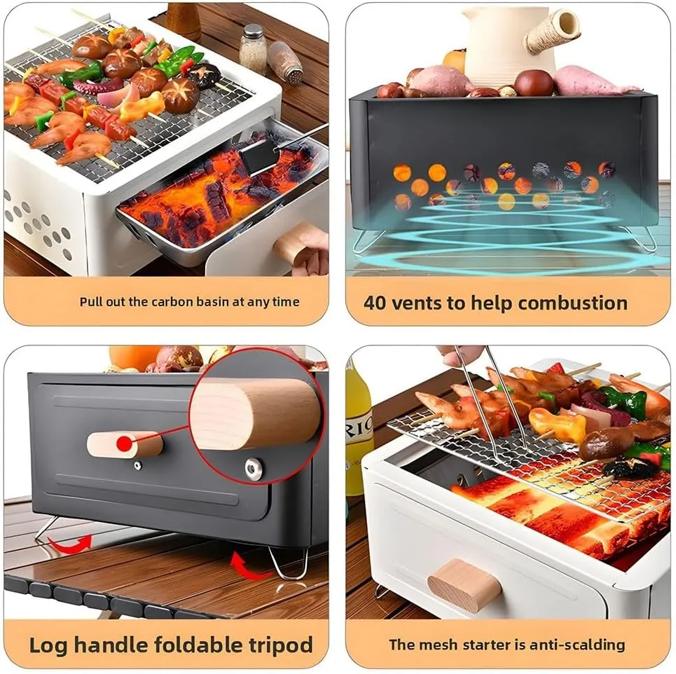 Desktop Charcoal Grill, Portable Table Top Small BBQ Grill, Tea Stove, Multi-Use Small Grill for Outdoor Cooking Camping Hiking Picnics Backpacking, Saving Space Grills, Home Camping Full Set(Black Fr