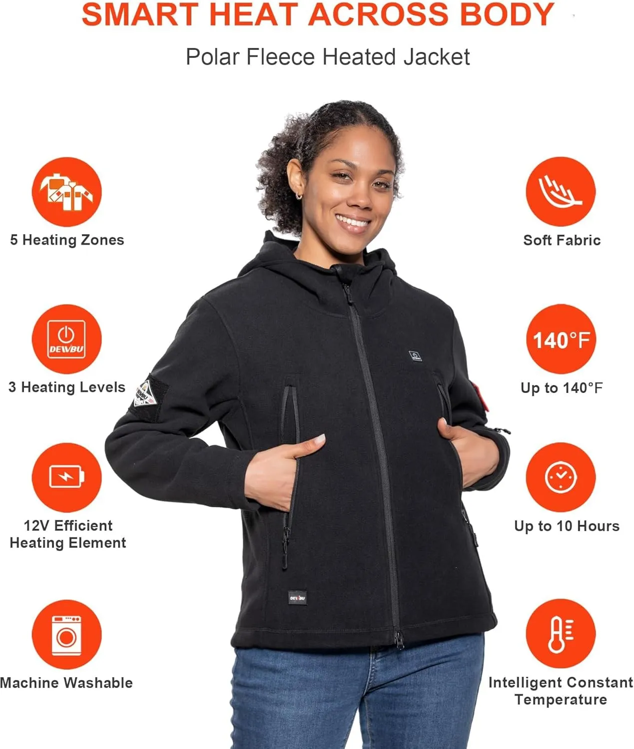 DEWBU Heated Jacket Polar Fleece with 12V Battery Pack Soft Fleece Electric Heating Hoodie for Women