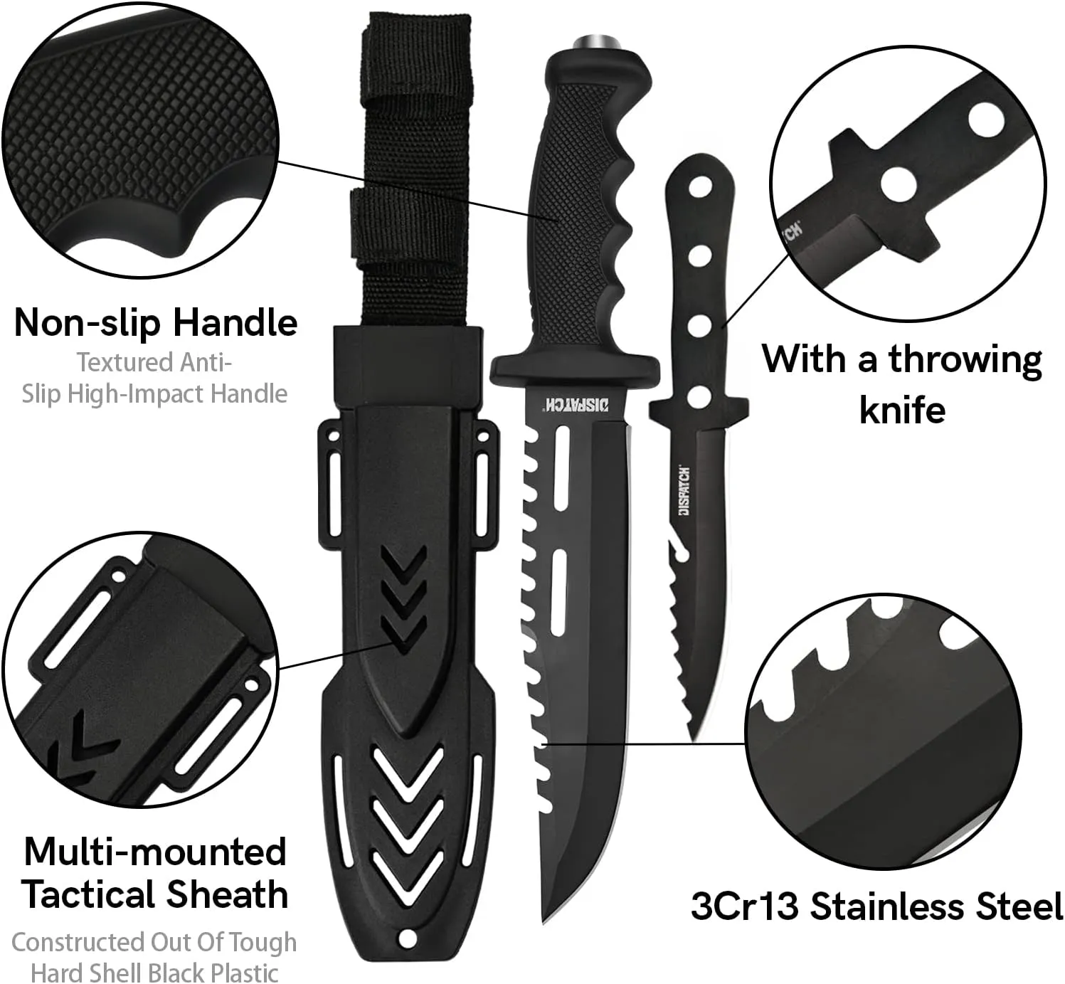 Dispatch Fixed Blade Hunting Knife with Sheath, 12" and 8" Survival Knives Set for Men Tactical Bowie Knife with Non-Slip Handle for Bushcraft, Outdoor Camping