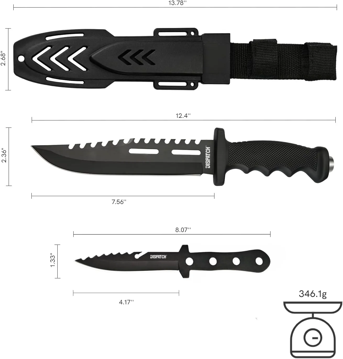 Dispatch Fixed Blade Hunting Knife with Sheath, 12" and 8" Survival Knives Set for Men Tactical Bowie Knife with Non-Slip Handle for Bushcraft, Outdoor Camping