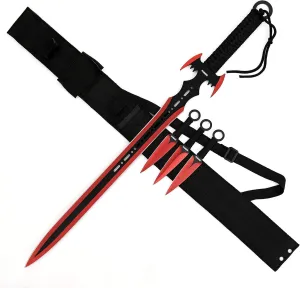 DISPATCH Red Guardian Ninja Sword and Kunai Throwing Knife Set with Sheath Fixed Blade Knife