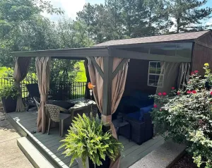 Domi 12x16FT Wall Mounted Gazebo Aluminum Frame, Lean to Gazebo Hardtop with Galvanized Steel Sloping Roof, Curtains and Netting for Patio Deck Backyard Lawn Party…