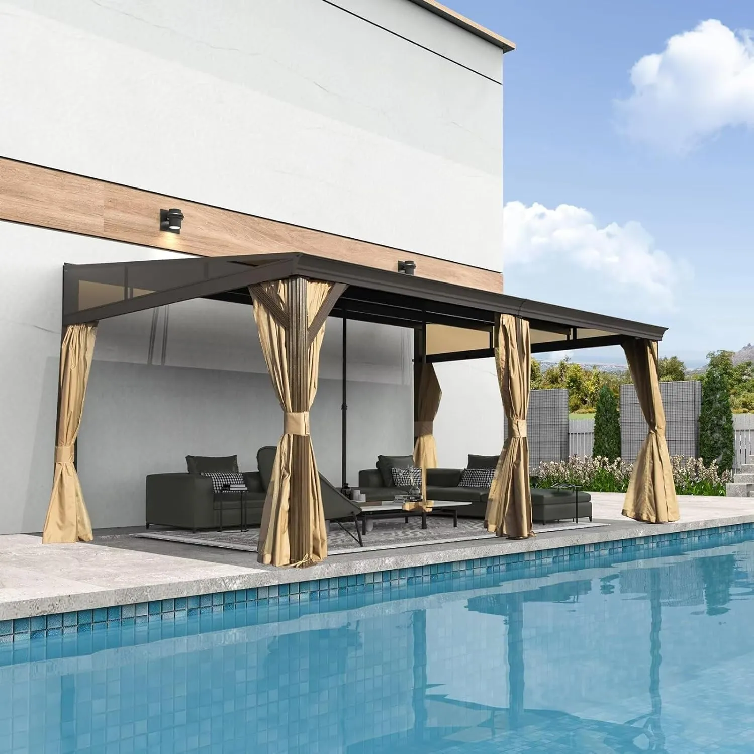 Domi 12x16FT Wall Mounted Gazebo Aluminum Frame, Lean to Gazebo Hardtop with Galvanized Steel Sloping Roof, Curtains and Netting for Patio Deck Backyard Lawn Party…