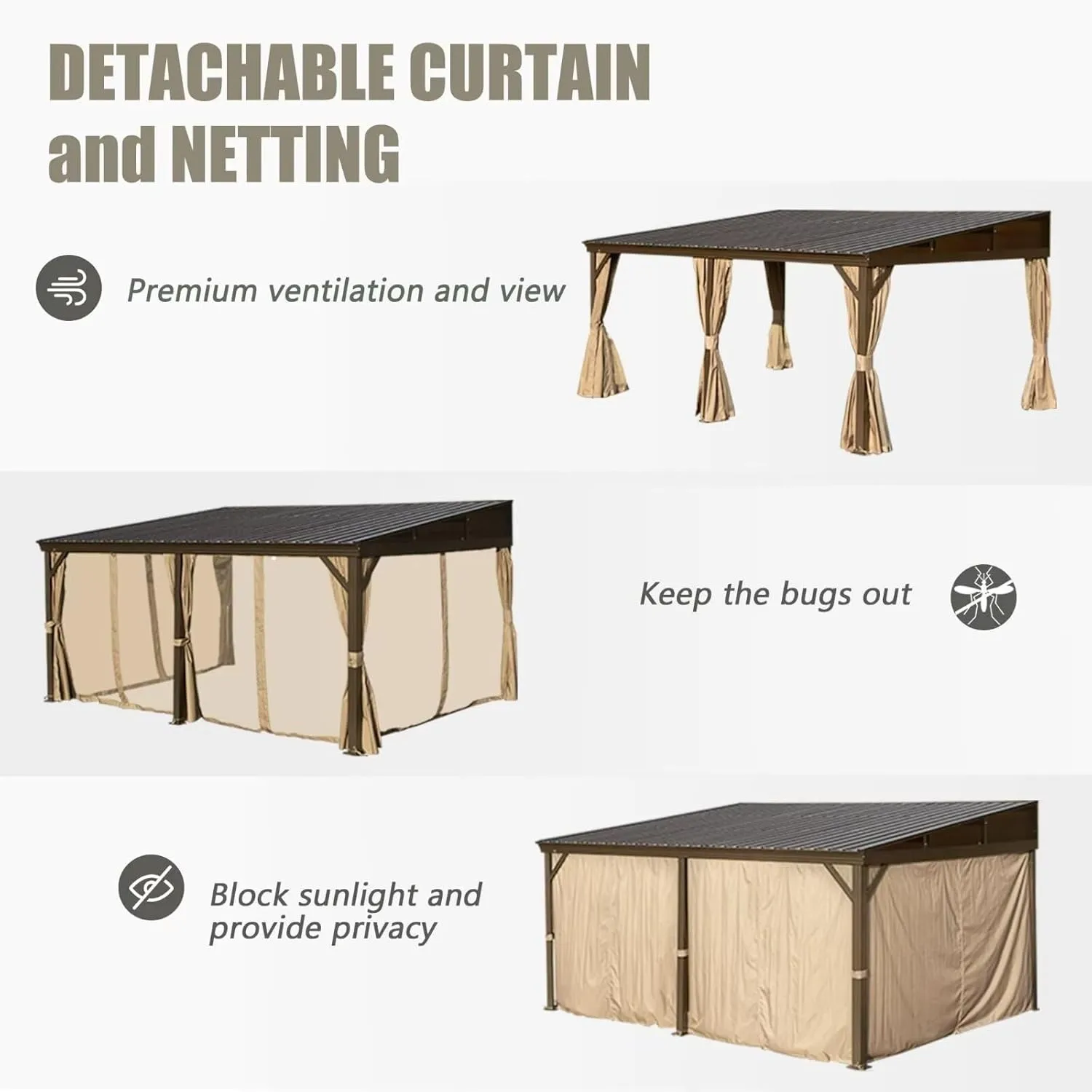Domi 12x16FT Wall Mounted Gazebo Aluminum Frame, Lean to Gazebo Hardtop with Galvanized Steel Sloping Roof, Curtains and Netting for Patio Deck Backyard Lawn Party…