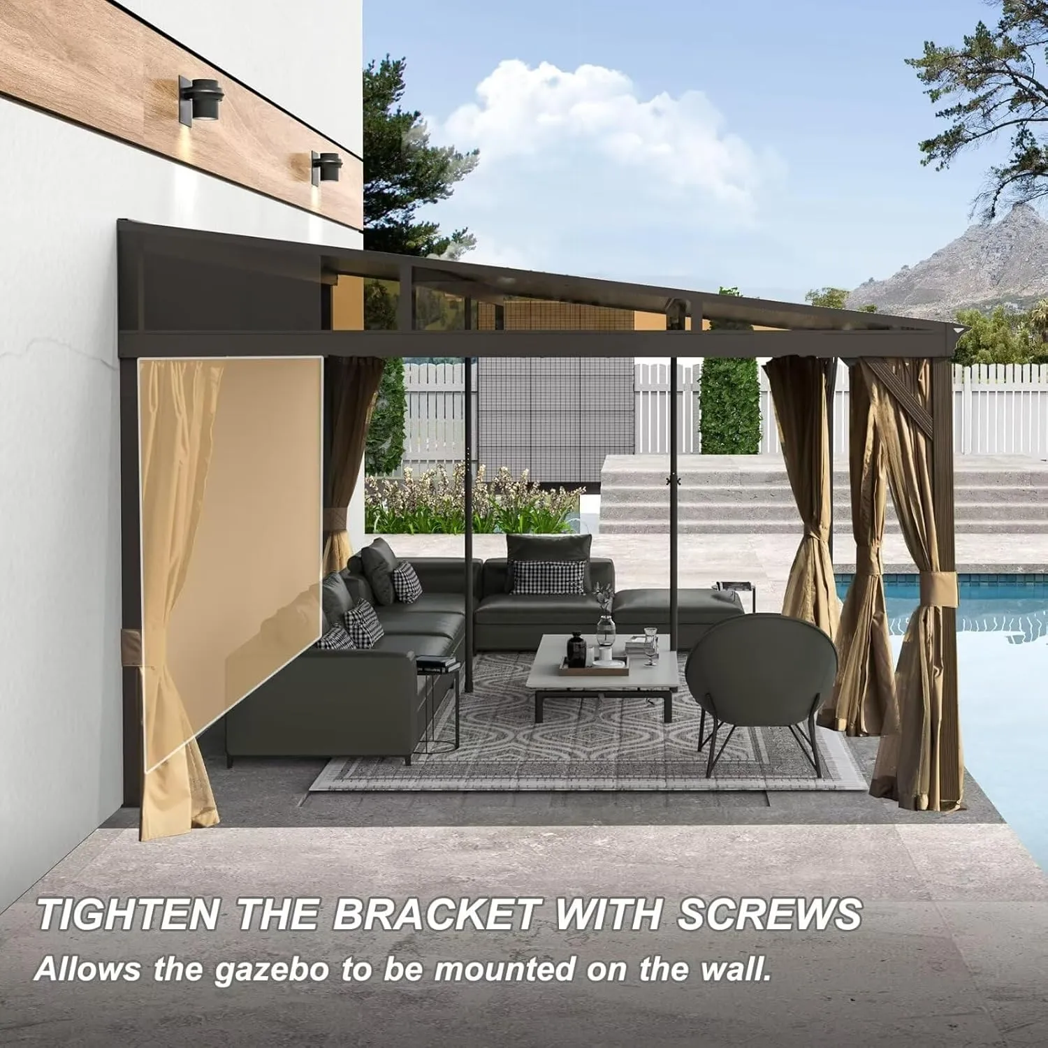 Domi 12x16FT Wall Mounted Gazebo Aluminum Frame, Lean to Gazebo Hardtop with Galvanized Steel Sloping Roof, Curtains and Netting for Patio Deck Backyard Lawn Party…