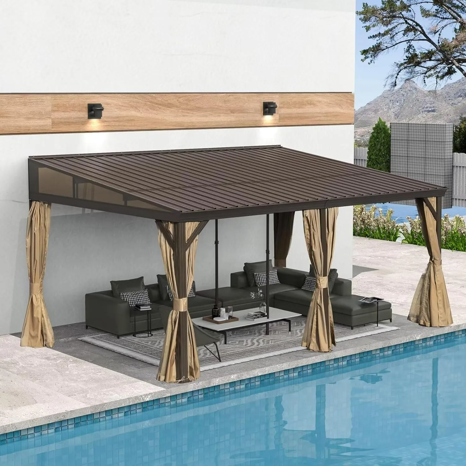 Domi 12x16FT Wall Mounted Gazebo Aluminum Frame, Lean to Gazebo Hardtop with Galvanized Steel Sloping Roof, Curtains and Netting for Patio Deck Backyard Lawn Party…