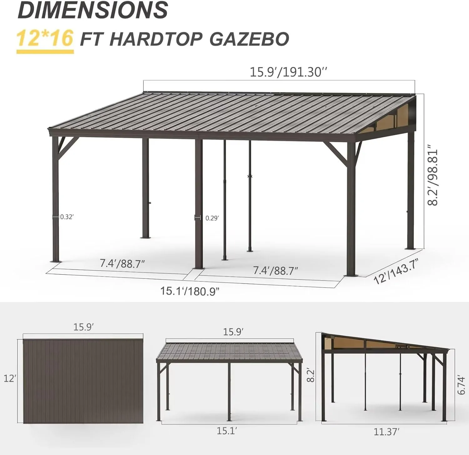 Domi 12x16FT Wall Mounted Gazebo Aluminum Frame, Lean to Gazebo Hardtop with Galvanized Steel Sloping Roof, Curtains and Netting for Patio Deck Backyard Lawn Party…