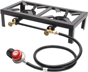 Double Burner Outdoor Gas Stove Propane Cooker Portable Gas Cooking Stoves Black Square Gas Stove 2 Burners Gas Cooktops with Regulator Hose Independent Control Knobs for Outdoor Camping