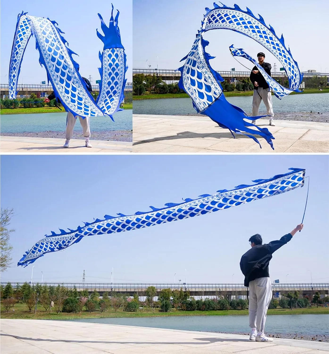 Dragon Dance Ribbon - Dragon Streamer 3D POI, Silk Rotating Ballerina with Fiberglass Poles, Colorful Ribbon for Practicing Fitness (8m/26ft)