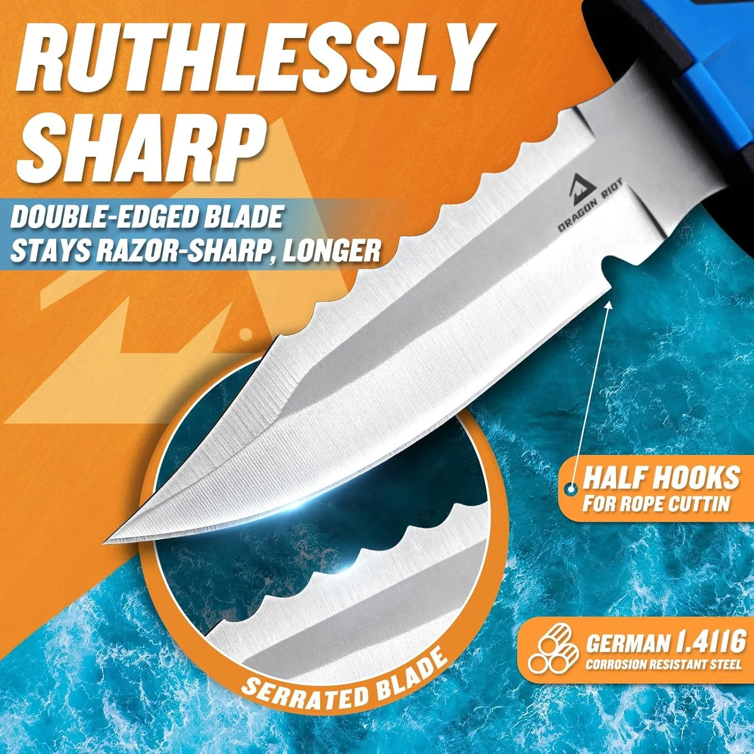 DRAGON RIOT Scuba Diving Knife with Leg Straps & Sheath - Stainless Steel Blade Dive Knife Lightweight, Sharp Divers Knife for Diving, Spearfishing, Snorkeling