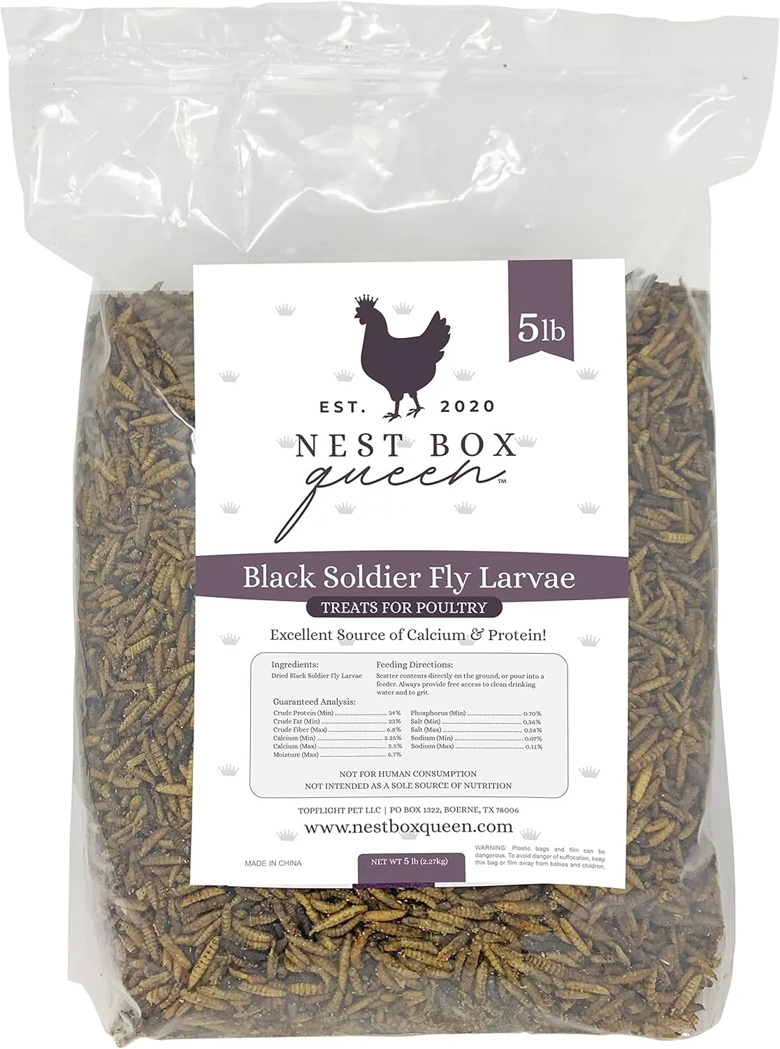 Dried Black Soldier Fly Larvae – 5 lb Bag – High-Protein Chicken Treats – Natural Calcium-Rich Insect Snack for Chickens, Ducks, Wild Birds, and Reptiles